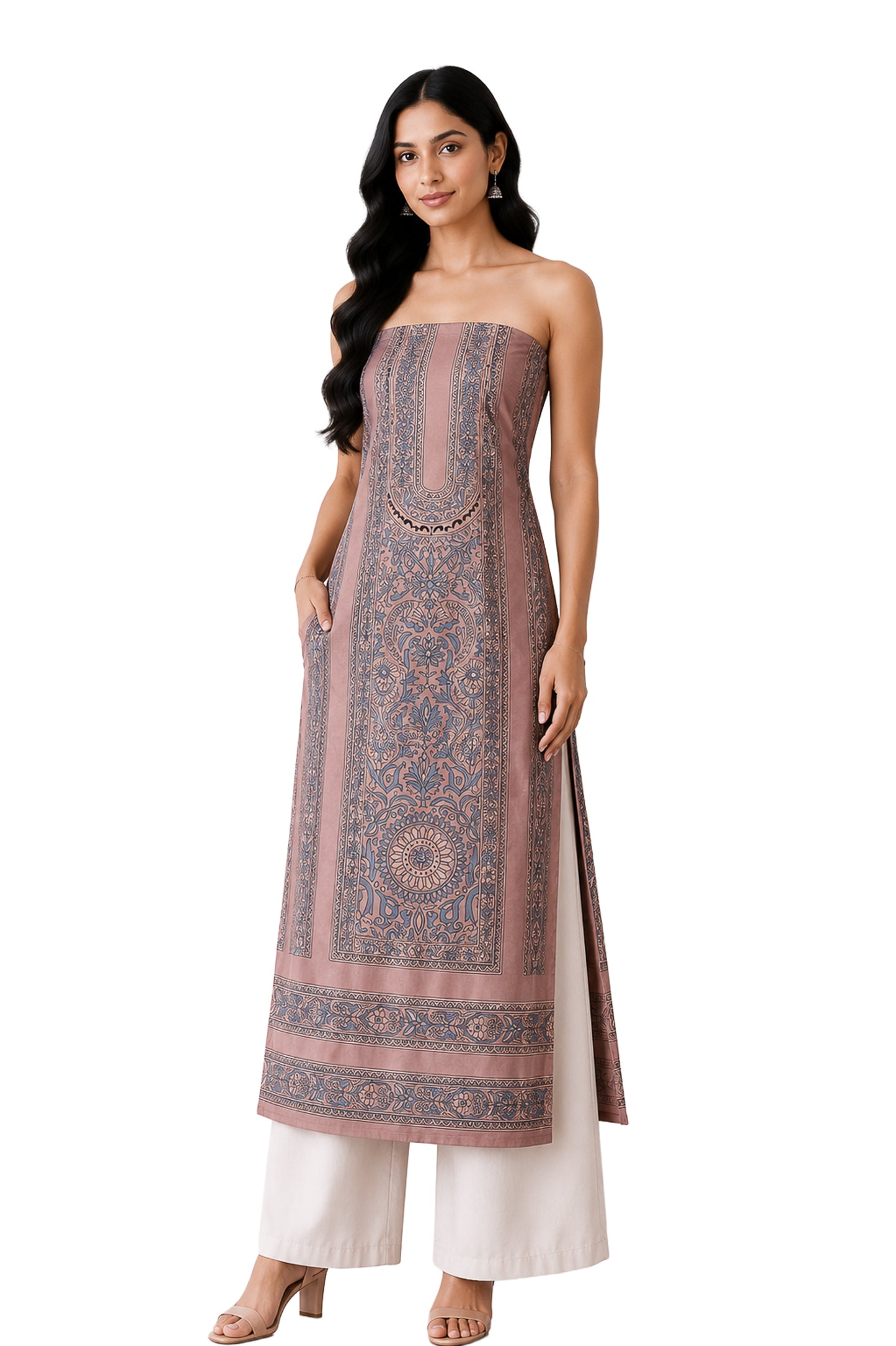 Ajrakh Mashru Silk Natural Dye Screen Print Hand Printed Unstitched Kurta Fabric  2.50 Mtr  Length  -  SKU : AI29401M