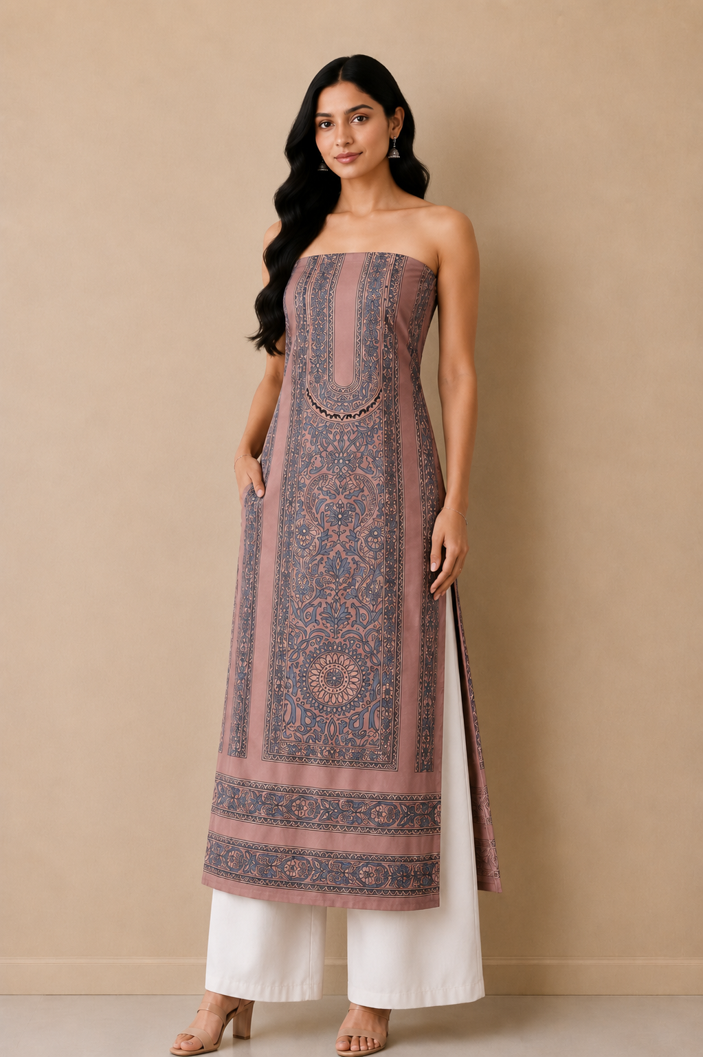Ajrakh Mashru Silk Natural Dye Screen Print Hand Printed Unstitched Kurta Fabric  3.00 Mtr  Length  -  SKU : AI29402L
