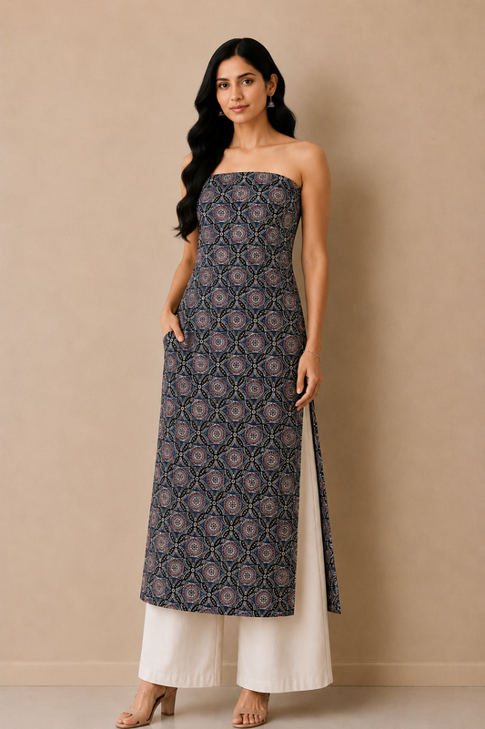 Ajrakh Mashru Silk Natural Dye Screen Print Hand Printed Unstitched Kurta Fabric  2.50 Mtr  Length  -  SKU : AI02503G