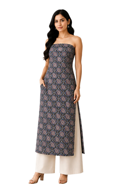 Ajrakh Mashru Silk Natural Dye Screen Print Hand Printed Unstitched Kurta Fabric  2.50 Mtr  Length  -  SKU : AI02503G
