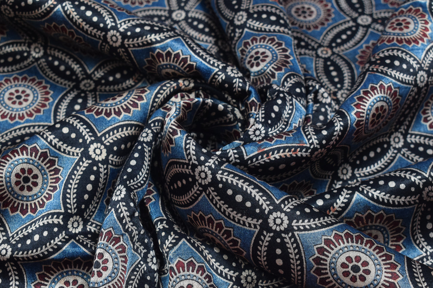 Ajrakh Mashru Silk Natural Dye Screen Print Hand Printed Unstitched Kurta Fabric  2.50 Mtr  Length  -  SKU : AI02503G