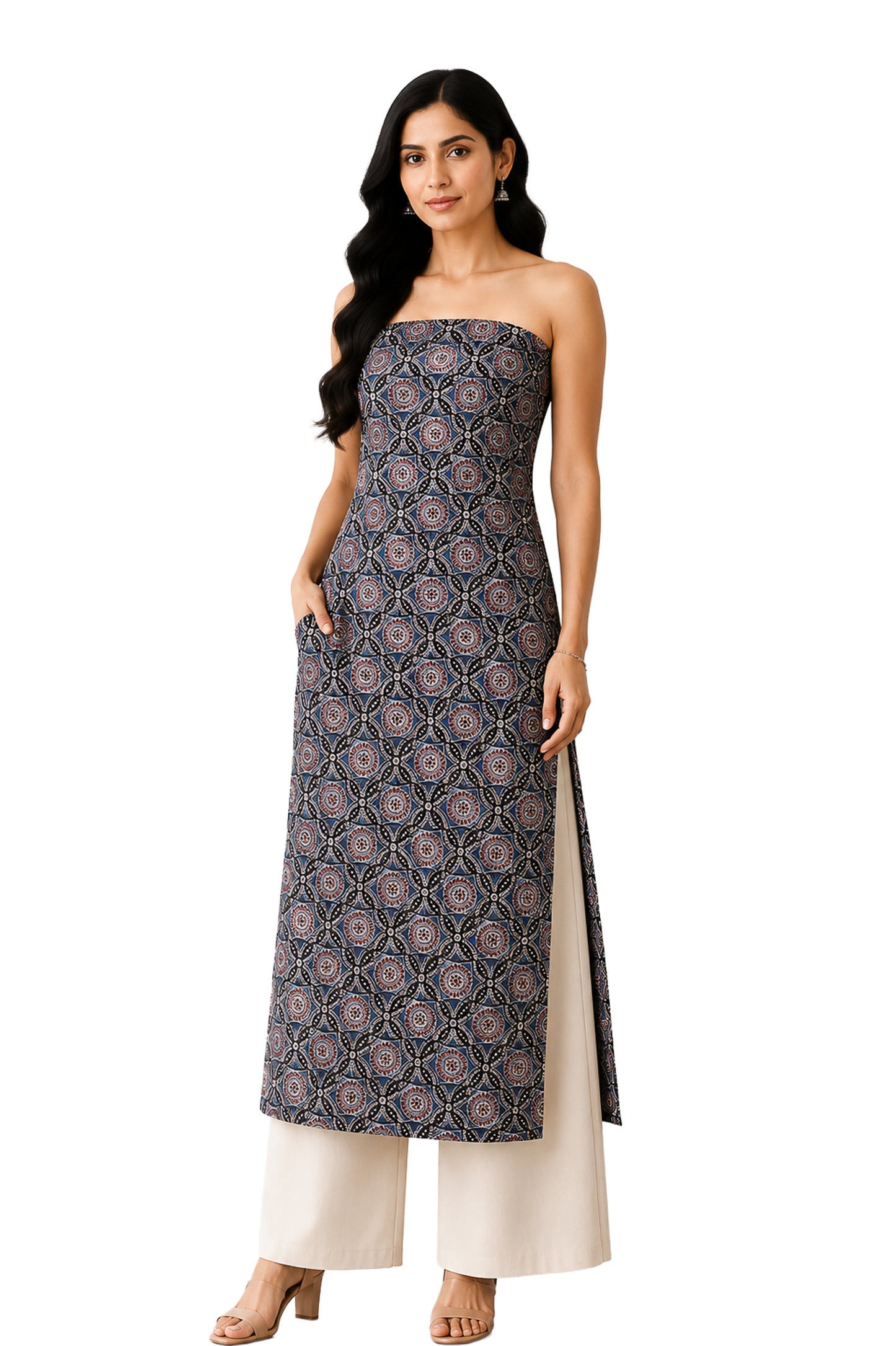 Ajrakh Mashru Silk Natural Dye Screen Print Hand Printed Unstitched Kurta Fabric  3.00 Mtr  Length  -  SKU : AI02504G