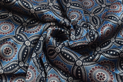 Ajrakh Mashru Silk Natural Dye Screen Print Hand Printed Unstitched Kurta Fabric  3.00 Mtr  Length  -  SKU : AI02504G