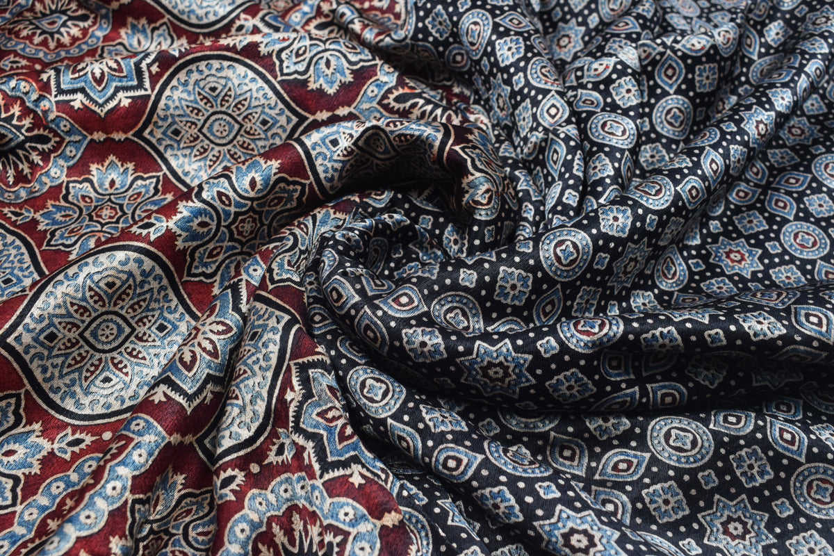Ajrakh Mashru Silk Natural Dye Screen Print Hand Printed Unstitched Kurta Fabric  3.00 Mtr  Length  -  SKU : AI11801M