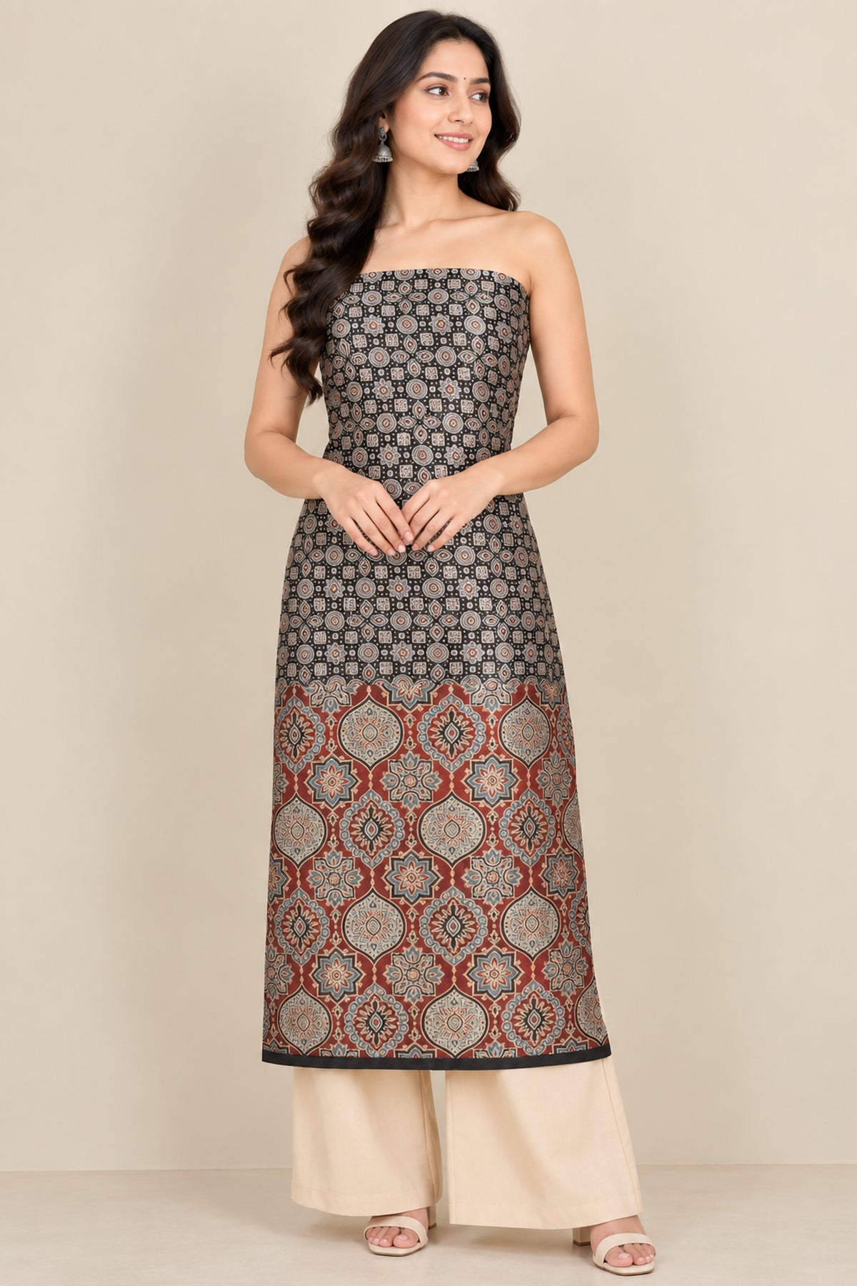 Ajrakh Mashru Silk Natural Dye Screen Print Hand Printed Unstitched Kurta Fabric  3.00 Mtr  Length  -  SKU : AI11801M