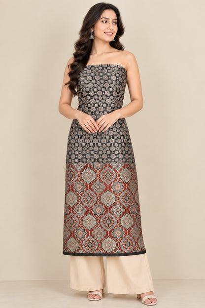 Ajrakh Mashru Silk Natural Dye Screen Print Hand Printed Unstitched Kurta Fabric  3.00 Mtr  Length  -  SKU : AI11801M