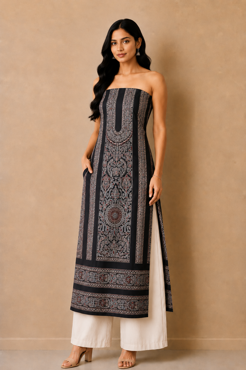 Ajrakh Mashru Silk Natural Dye Screen Print Hand Printed Unstitched Kurta Fabric  2.50 Mtr  Length  -  SKU : AI29401O