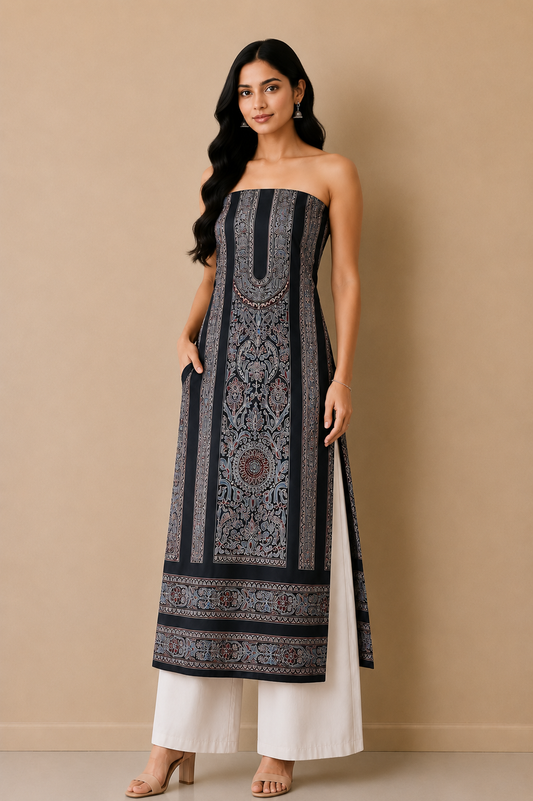 Ajrakh Mashru Silk Natural Dye Screen Print Hand Printed Unstitched Kurta Fabric  3.00 Mtr  Length  -  SKU : AI29402N