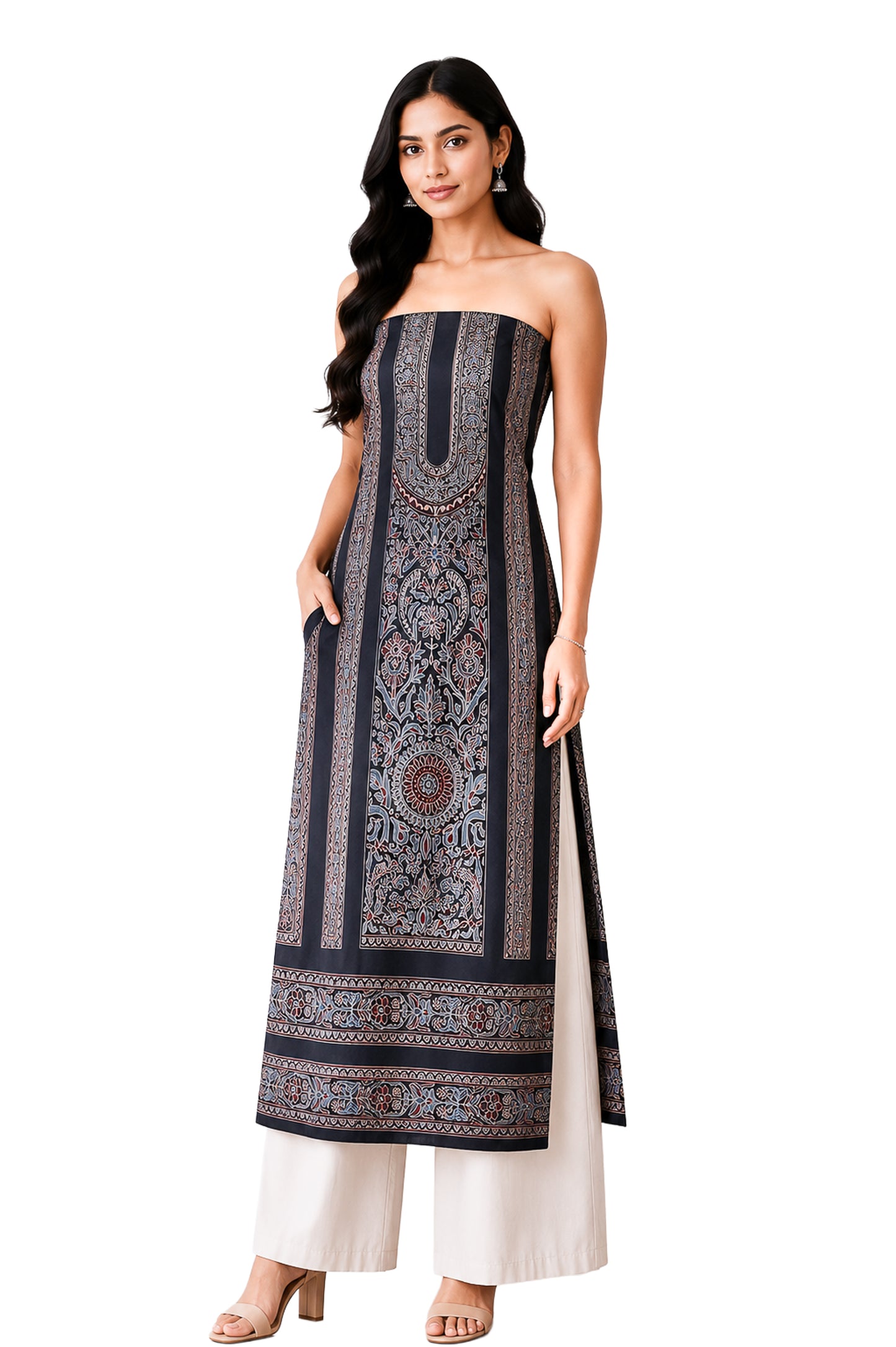 Ajrakh Mashru Silk Natural Dye Screen Print Hand Printed Unstitched Kurta Fabric  3.00 Mtr  Length  -  SKU : AI29402N