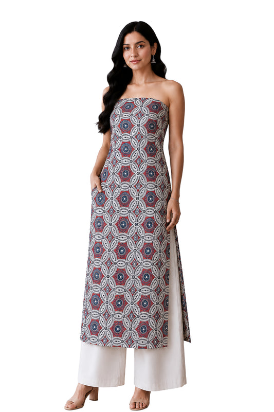 Ajrakh Mashru Silk Natural Dye Screen Print Hand Printed Unstitched Kurta Fabric  2.50 Mtr  Length  -  SKU : AI02503C