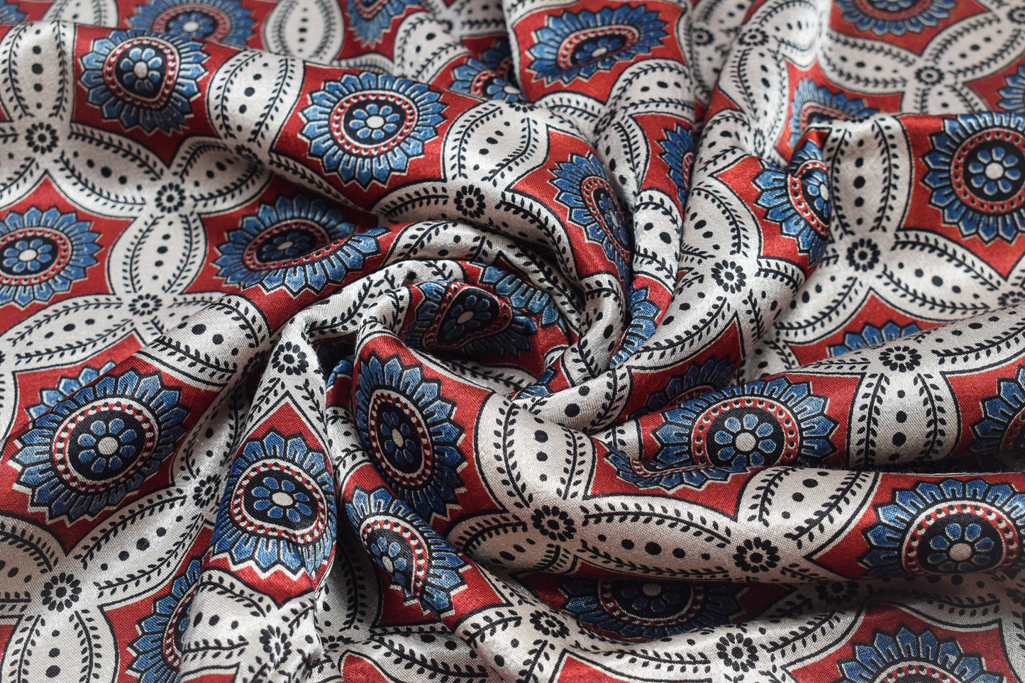 Ajrakh Mashru Silk Natural Dye Screen Print Hand Printed Unstitched Kurta Fabric  2.50 Mtr  Length  -  SKU : AI02503C