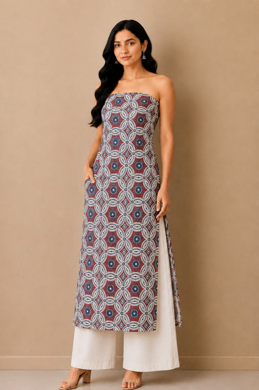Ajrakh Mashru Silk Natural Dye Screen Print Hand Printed Unstitched Kurta Fabric  2.50 Mtr  Length  -  SKU : AI02503C
