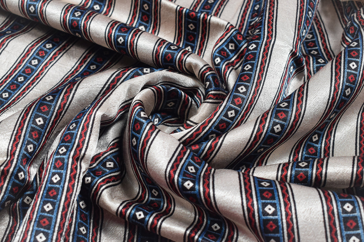 Ajrakh Mashru Silk Natural Dye Screen Print Hand Printed Unstitched Kurta Fabric  1.75 Mtr  Length  -  SKU : AI11801D