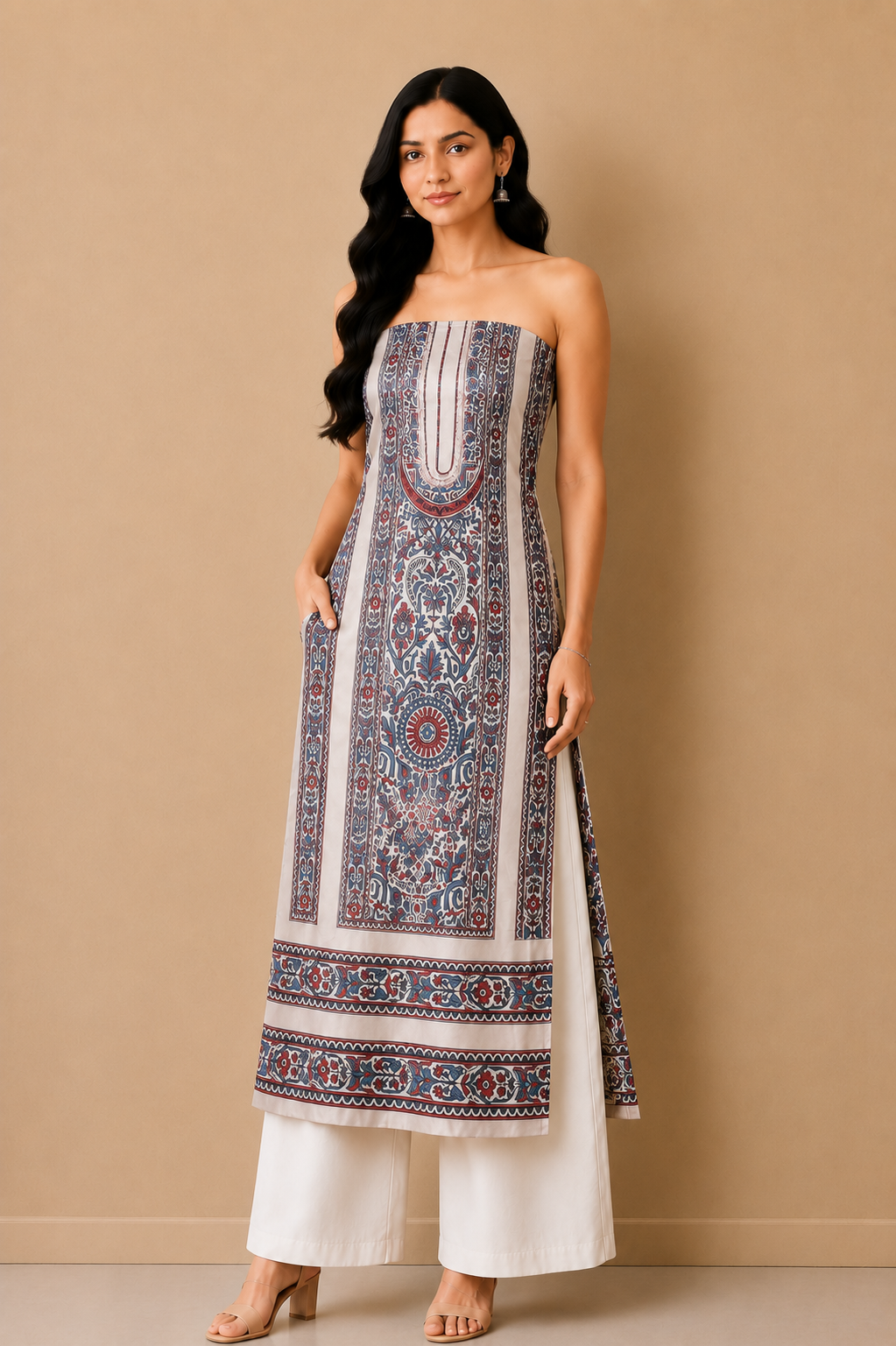 Ajrakh Mashru Silk Natural Dye Screen Print Hand Printed Unstitched Kurta Fabric  2.50 Mtr  Length  -  SKU : AI29401K