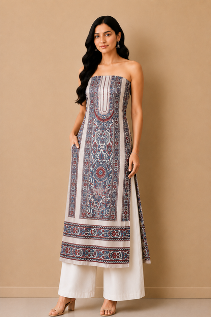 Ajrakh Mashru Silk Natural Dye Screen Print Hand Printed Unstitched Kurta Fabric  2.50 Mtr  Length  -  SKU : AI29401K