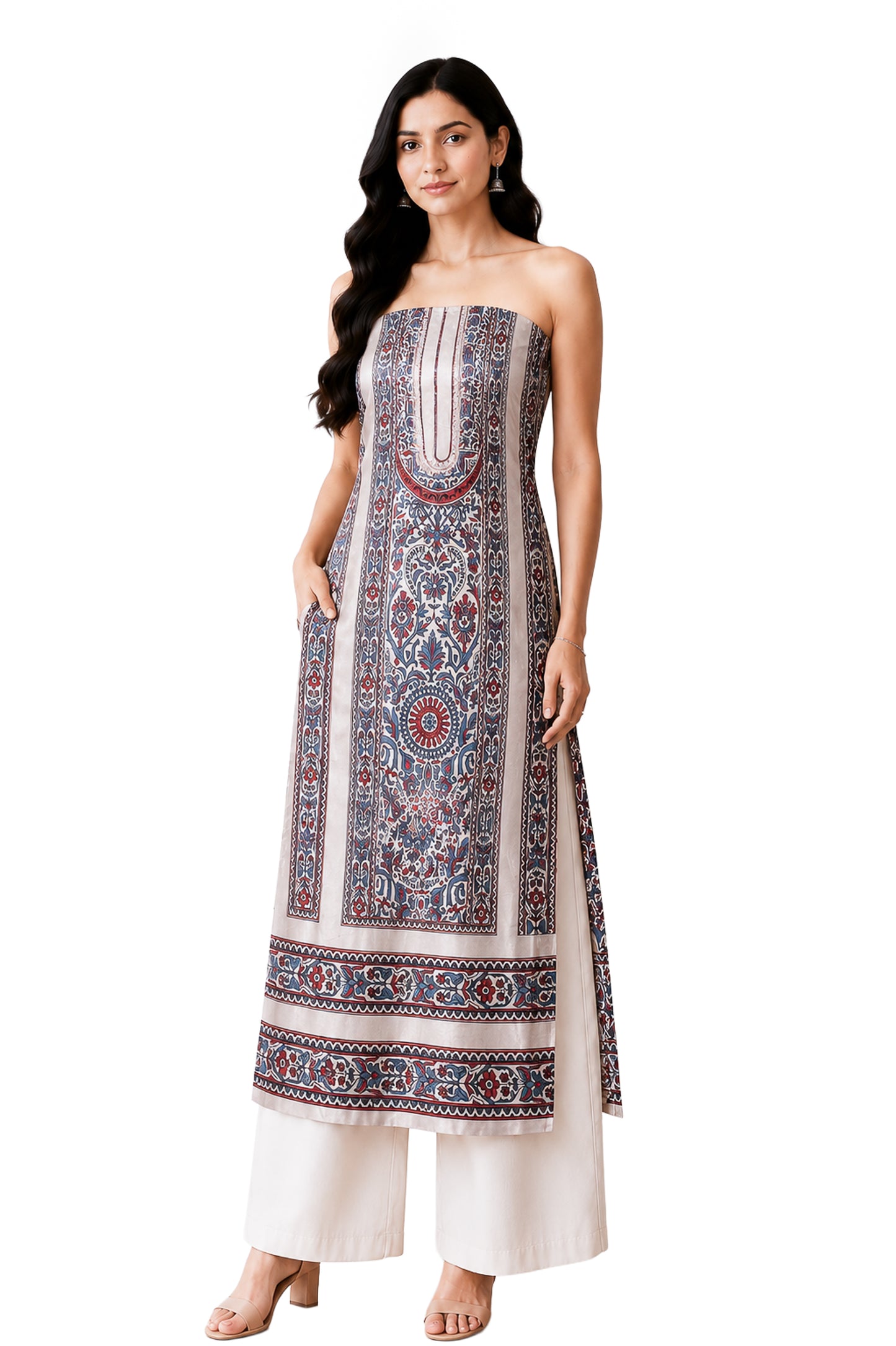 Ajrakh Mashru Silk Natural Dye Screen Print Hand Printed Unstitched Kurta Fabric  2.50 Mtr  Length  -  SKU : AI29401K