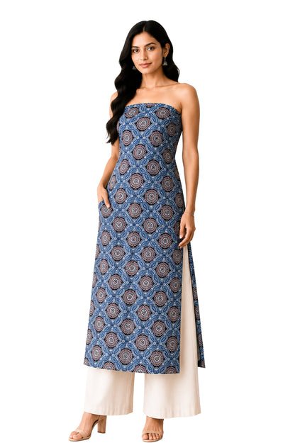 Ajrakh Mashru Silk Natural Dye Screen Print Hand Printed Unstitched Kurta Fabric  2.50 Mtr  Length  -  SKU : AI02503B