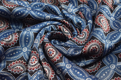 Ajrakh Mashru Silk Natural Dye Screen Print Hand Printed Unstitched Kurta Fabric  2.50 Mtr  Length  -  SKU : AI02503B