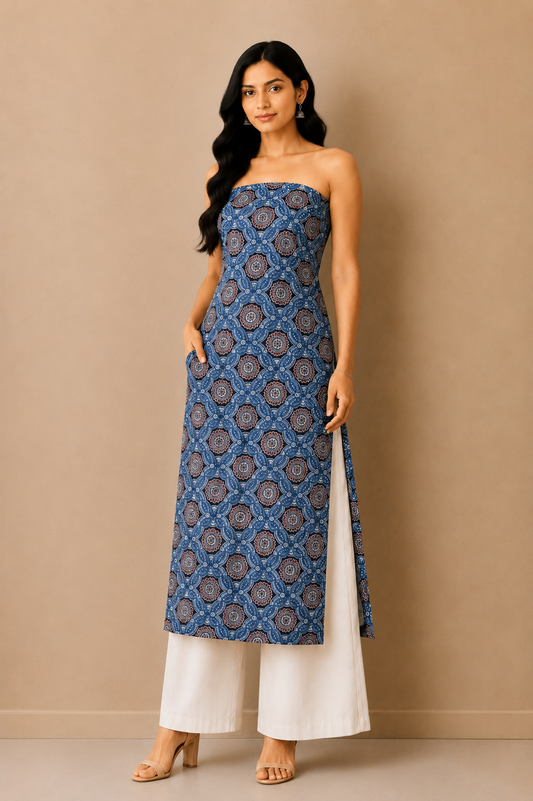 Ajrakh Mashru Silk Natural Dye Screen Print Hand Printed Unstitched Kurta Fabric  3.00 Mtr  Length  -  SKU : AI02504B
