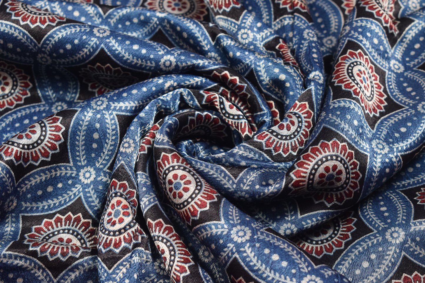 Ajrakh Mashru Silk Natural Dye Screen Print Hand Printed Unstitched Kurta Fabric  3.00 Mtr  Length  -  SKU : AI02504B