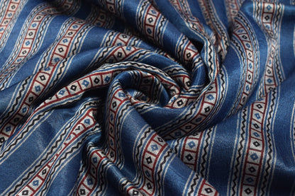 Ajrakh Mashru Silk Natural Dye Screen Print Hand Printed Unstitched Kurta Fabric  2.50 Mtr  Length  -  SKU : AI11801F