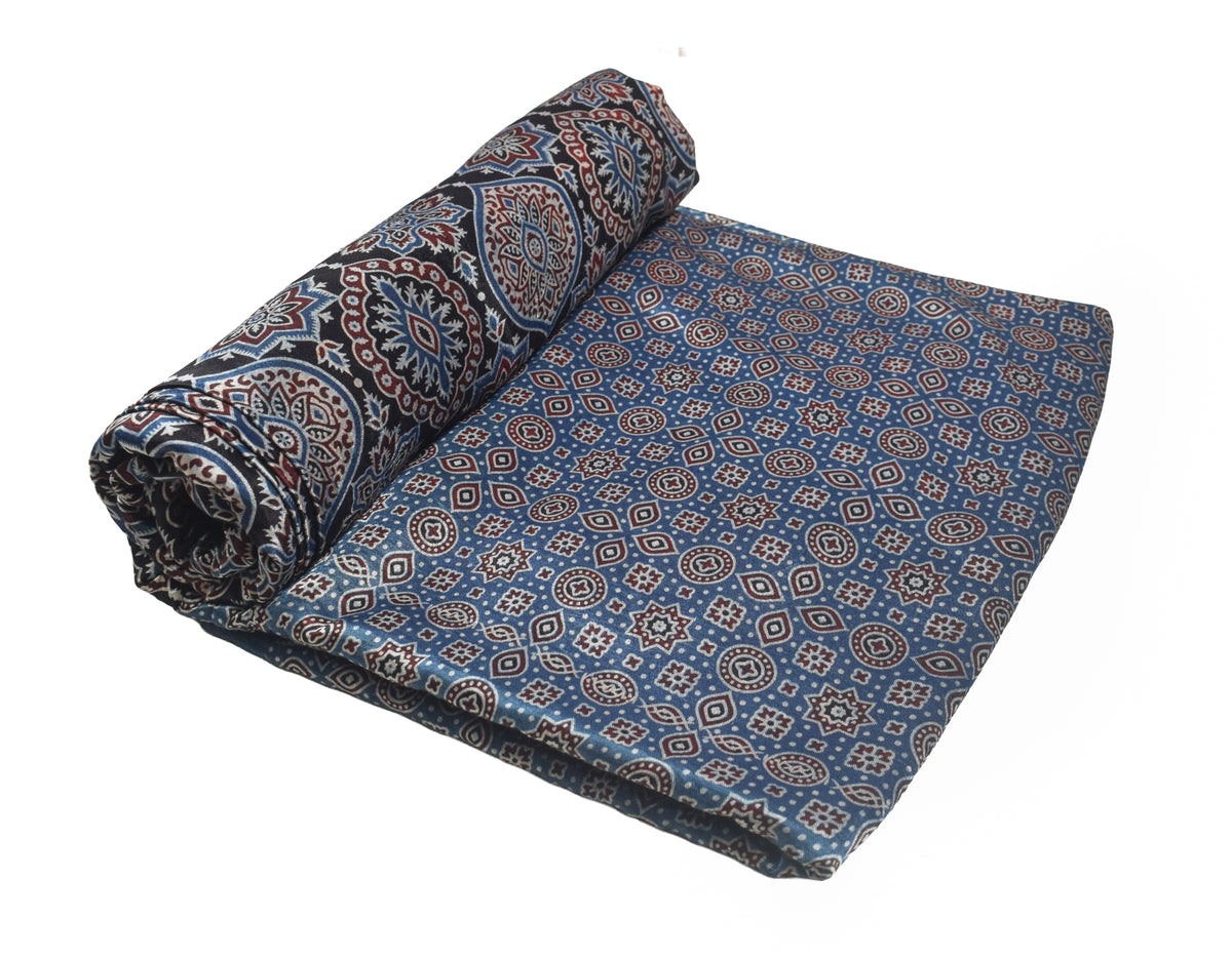 Ajrakh Mashru Silk Natural Dye Screen Print Hand Printed Unstitched Kurta Fabric  3.00 Mtr  Length  -  SKU : AI11801O