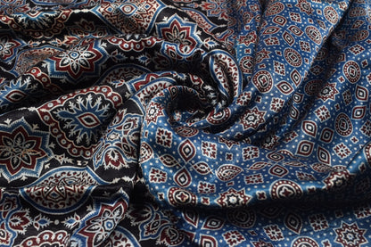 Ajrakh Mashru Silk Natural Dye Screen Print Hand Printed Unstitched Kurta Fabric  3.00 Mtr  Length  -  SKU : AI11801O