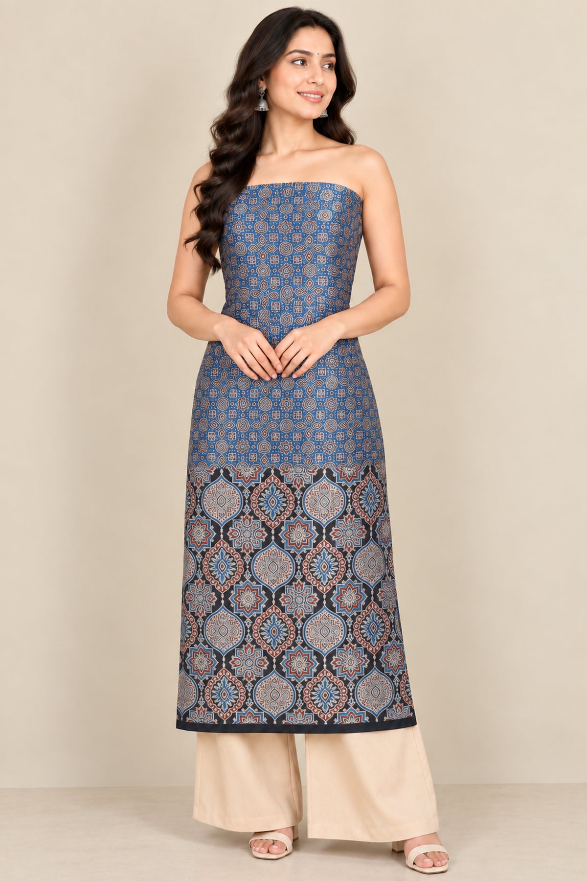 Ajrakh Mashru Silk Natural Dye Screen Print Hand Printed Unstitched Kurta Fabric  3.00 Mtr  Length  -  SKU : AI11801O