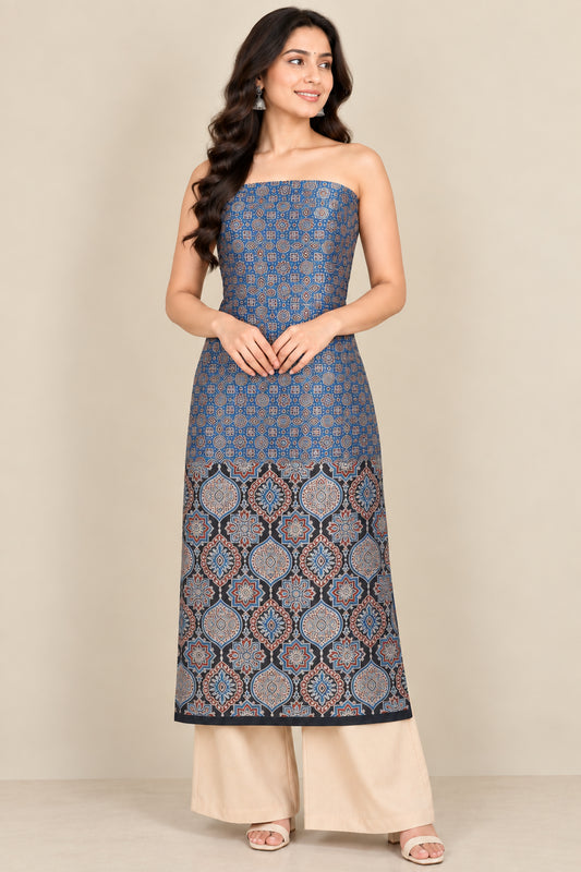 Ajrakh Mashru Silk Natural Dye Screen Print Hand Printed Unstitched Kurta Fabric  3.00 Mtr  Length  -  SKU : AI11801O