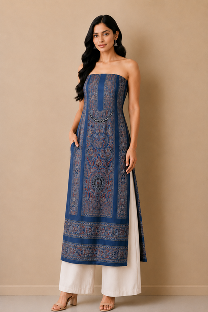 Ajrakh Mashru Silk Natural Dye Screen Print Hand Printed Unstitched Kurta Fabric  2.50 Mtr  Length  -  SKU : AI29401B