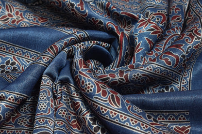 Ajrakh Mashru Silk Natural Dye Screen Print Hand Printed Unstitched Kurta Fabric  2.50 Mtr  Length  -  SKU : AI29401B
