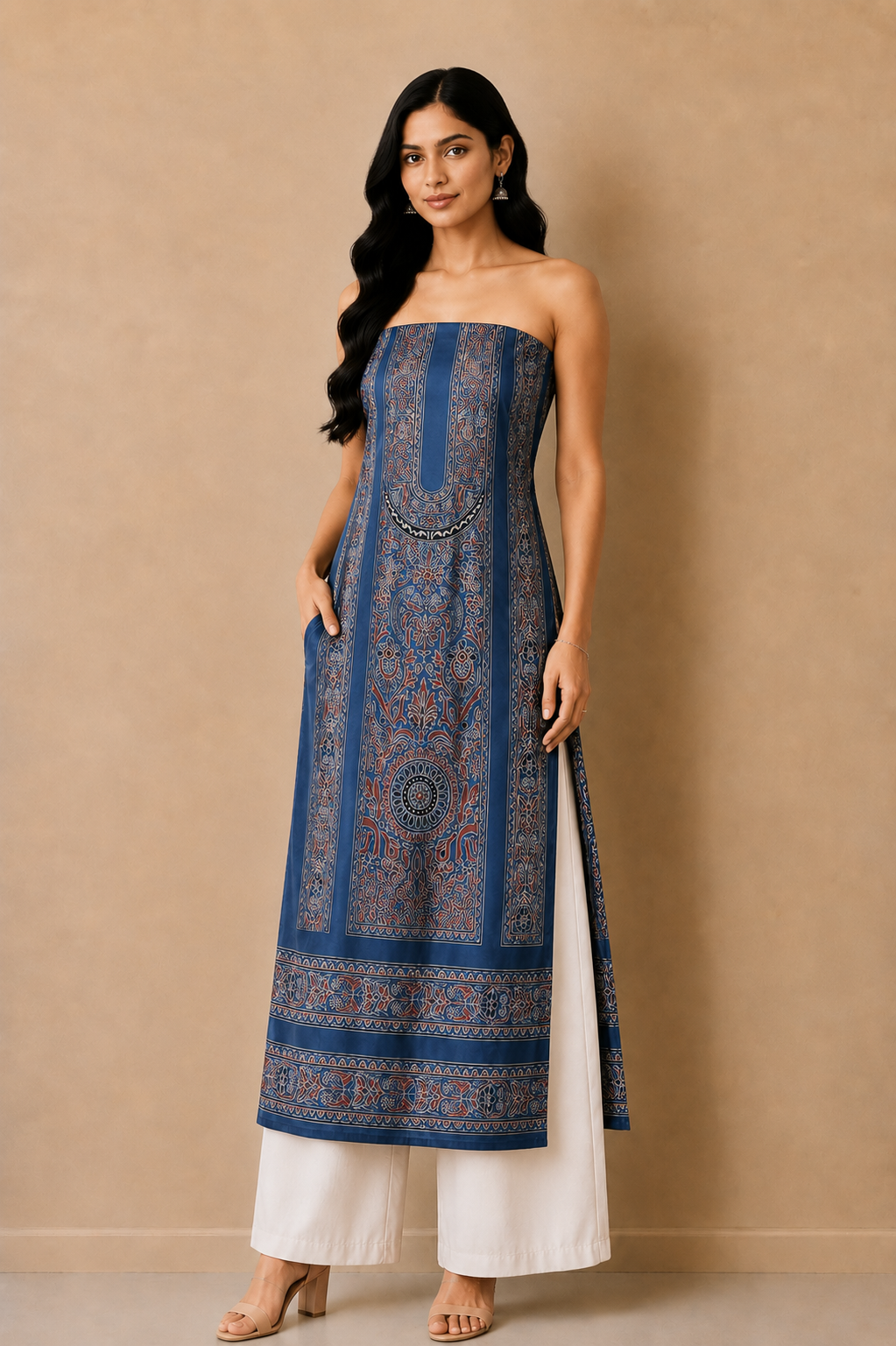 Ajrakh Mashru Silk Natural Dye Screen Print Hand Printed Unstitched Kurta Fabric  3.00 Mtr  Length  -  SKU : AI29402B