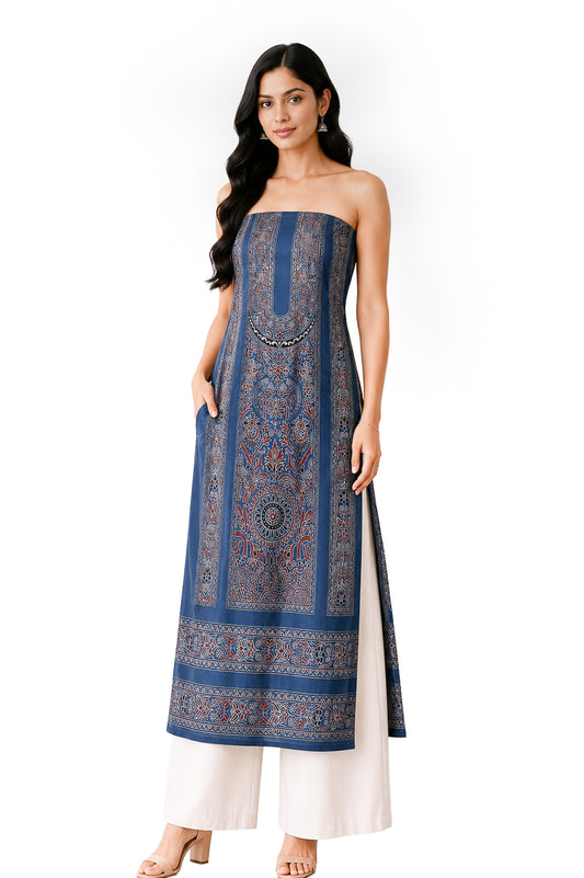Ajrakh Mashru Silk Natural Dye Screen Print Hand Printed Unstitched Kurta Fabric  3.00 Mtr  Length  -  SKU : AI29402B