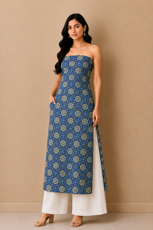Ajrakh Mashru Silk Natural Dye Screen Print Hand Printed Unstitched Kurta Fabric  3.00 Mtr  Length  -  SKU : AI02504D