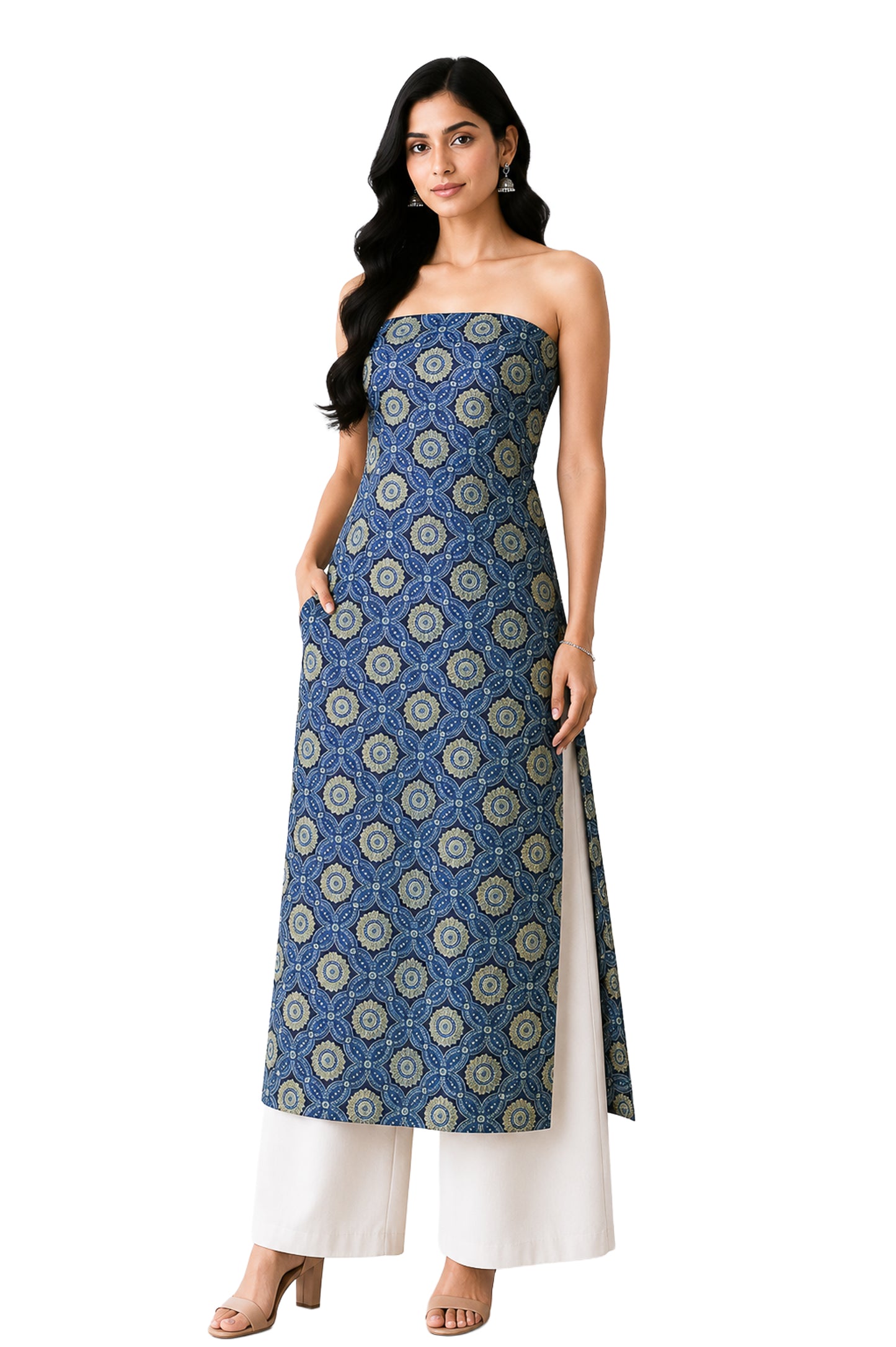 Ajrakh Mashru Silk Natural Dye Screen Print Hand Printed Unstitched Kurta Fabric  3.00 Mtr  Length  -  SKU : AI02504D