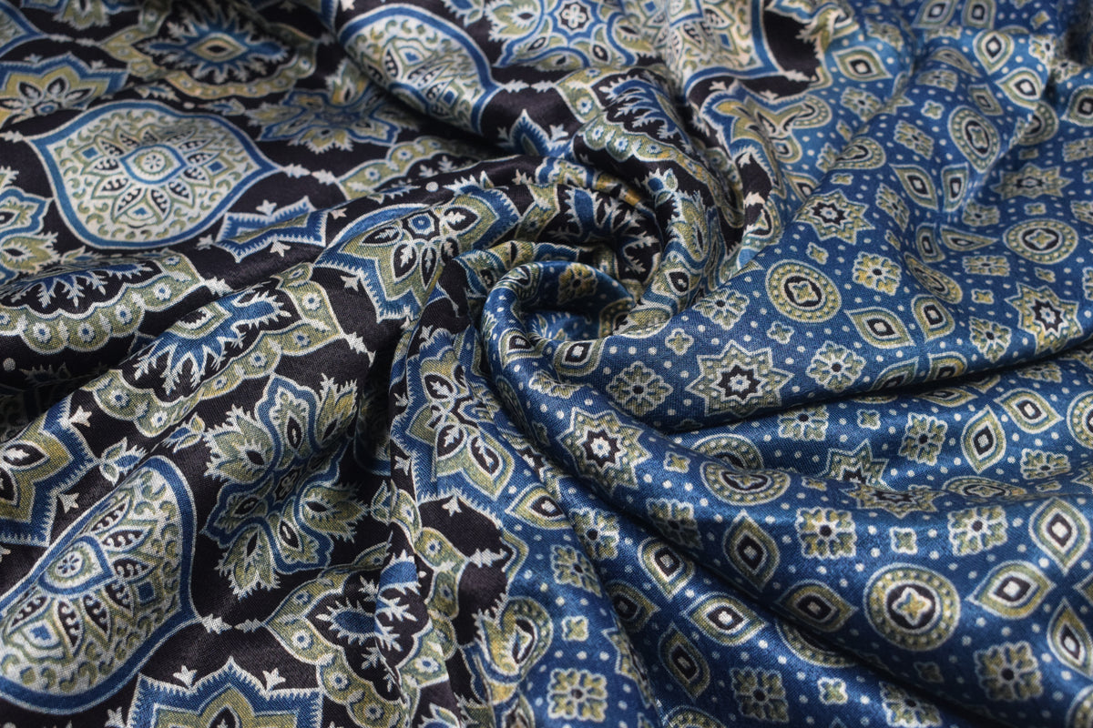 Ajrakh Mashru Silk Natural Dye Screen Print Hand Printed Unstitched Kurta Fabric  3.00 Mtr  Length  -  SKU : AI11801E