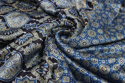 Ajrakh Mashru Silk Natural Dye Screen Print Hand Printed Unstitched Kurta Fabric  3.00 Mtr  Length  -  SKU : AI11801E