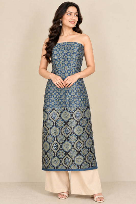 Ajrakh Mashru Silk Natural Dye Screen Print Hand Printed Unstitched Kurta Fabric  3.00 Mtr  Length  -  SKU : AI11801E