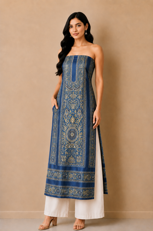 Ajrakh Mashru Silk Natural Dye Screen Print Hand Printed Unstitched Kurta Fabric  2.50 Mtr  Length  -  SKU : AI29401D