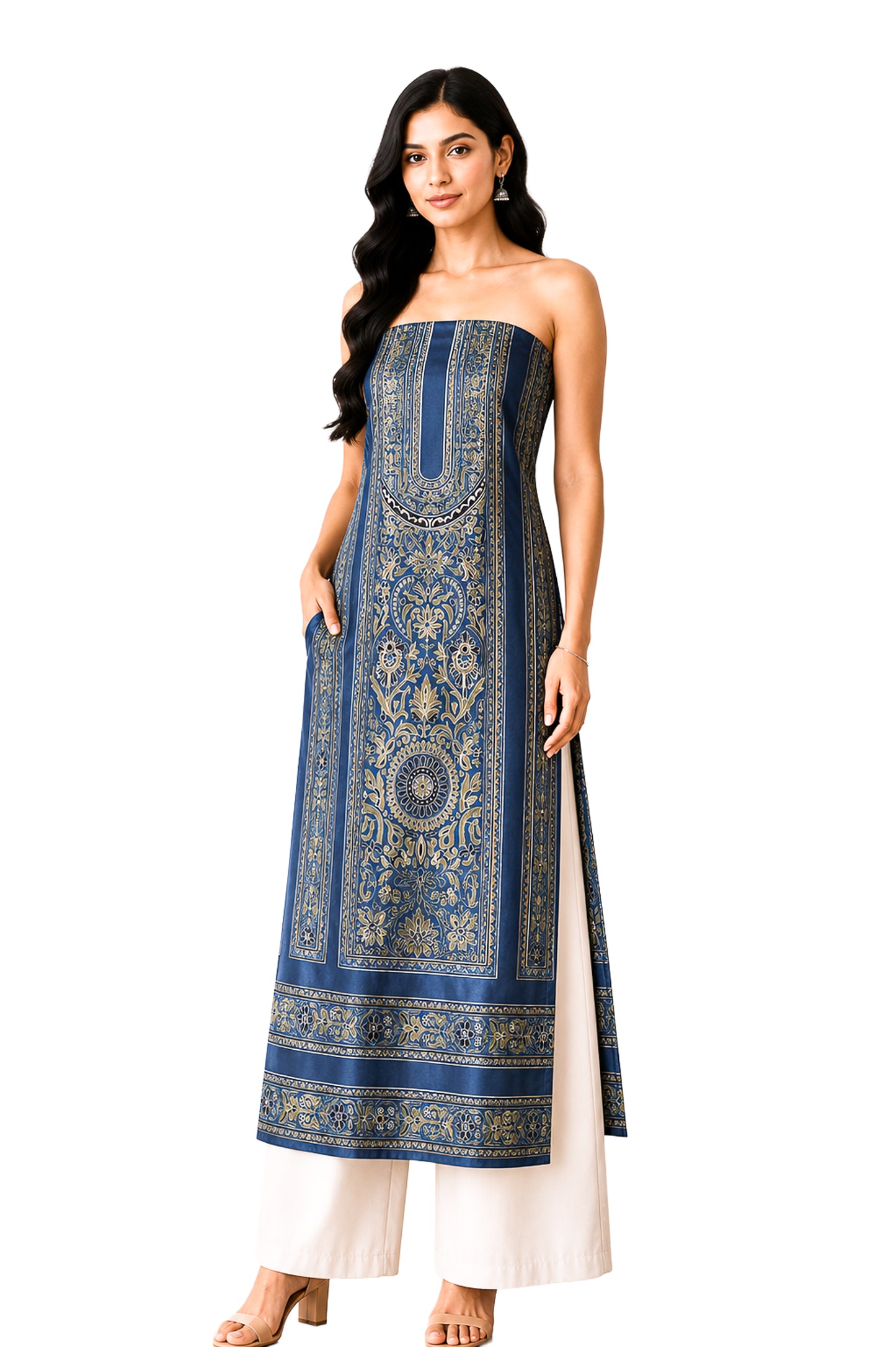 Ajrakh Mashru Silk Natural Dye Screen Print Hand Printed Unstitched Kurta Fabric  2.50 Mtr  Length  -  SKU : AI29401D