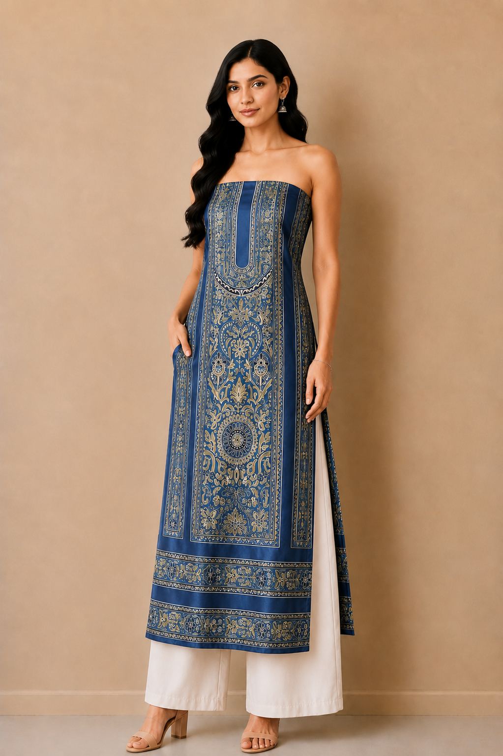 Ajrakh Mashru Silk Natural Dye Screen Print Hand Printed Unstitched Kurta Fabric  3.00 Mtr  Length  -  SKU : AI29402D
