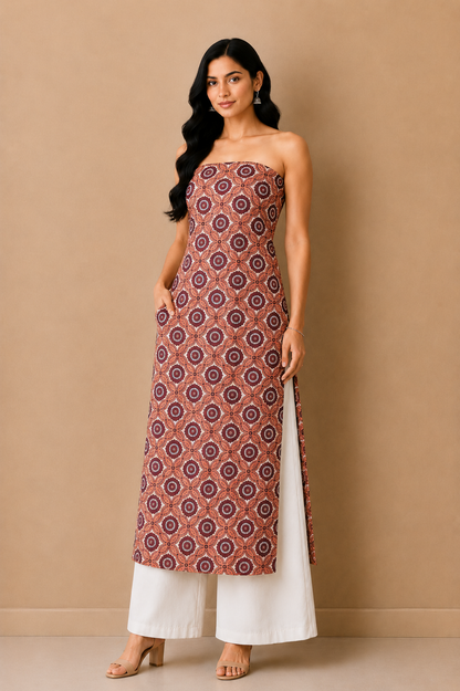 Ajrakh Mashru Silk Natural Dye Screen Print Hand Printed Unstitched Kurta Fabric  2.50 Mtr  Length  -  SKU : AI02503F