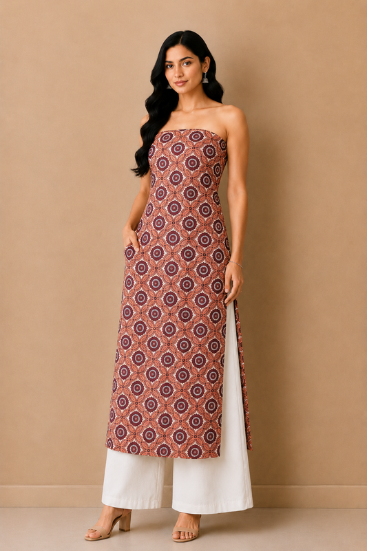 Ajrakh Mashru Silk Natural Dye Screen Print Hand Printed Unstitched Kurta Fabric  3.00 Mtr  Length  -  SKU : AI02504F