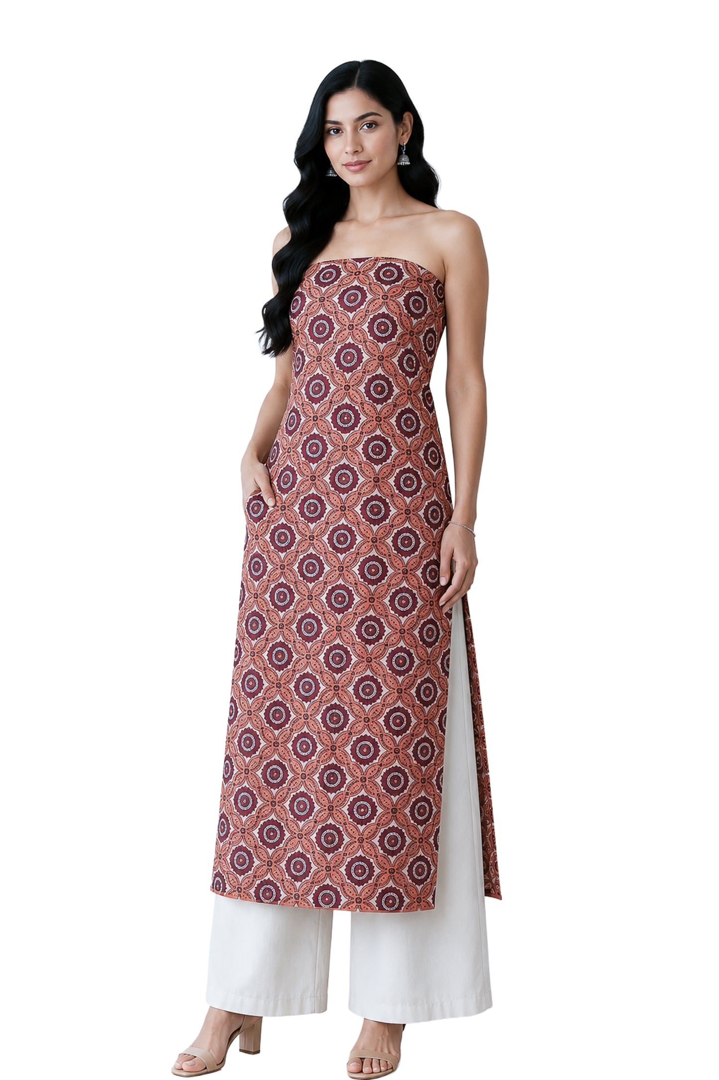 Ajrakh Mashru Silk Natural Dye Screen Print Hand Printed Unstitched Kurta Fabric  3.00 Mtr  Length  -  SKU : AI02504F