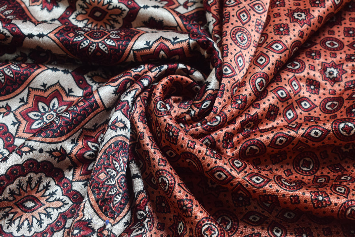 Ajrakh Mashru Silk Natural Dye Screen Print Hand Printed Unstitched Kurta Fabric  3.00 Mtr  Length  -  SKU : AI11801K