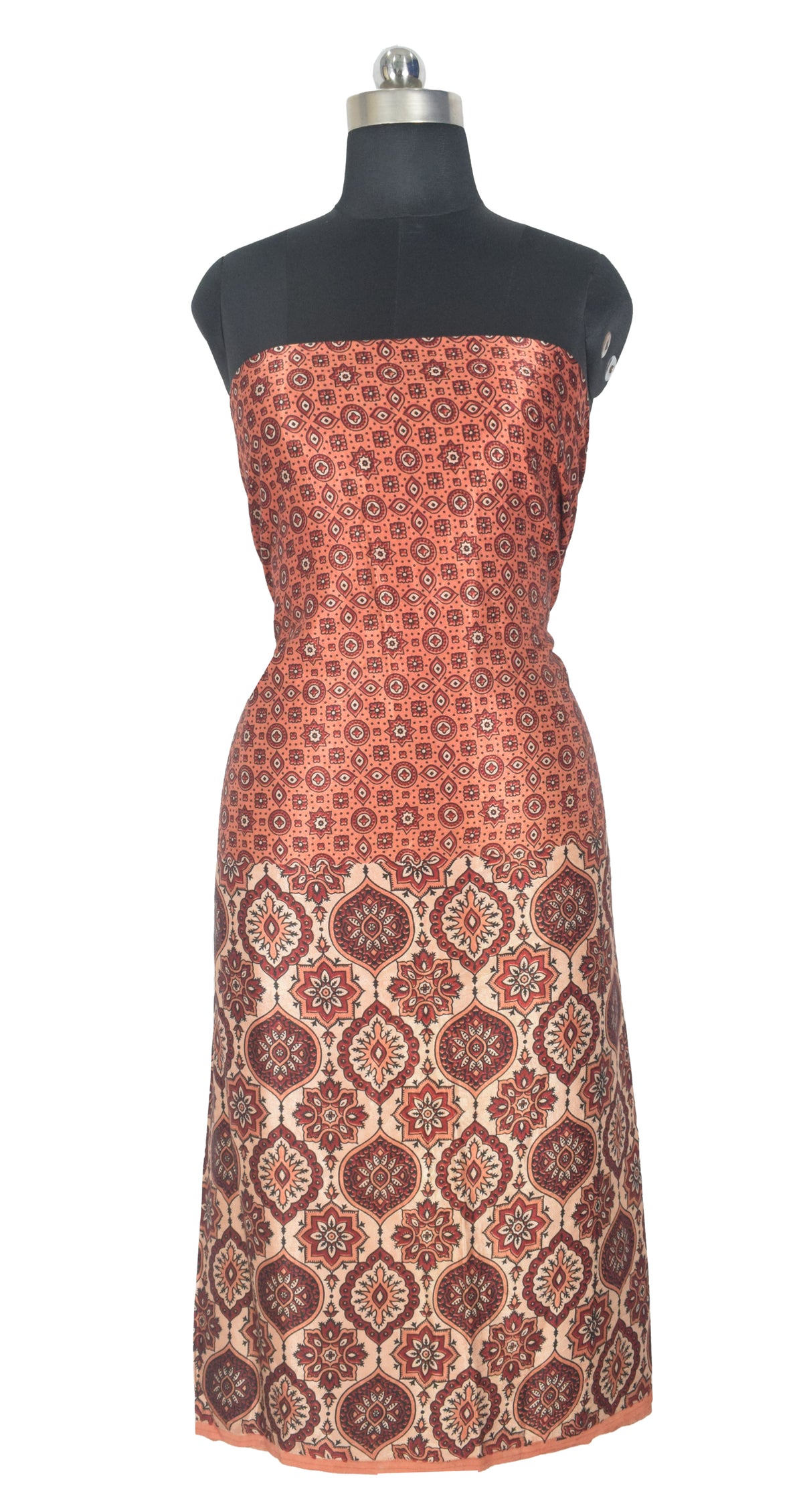 Ajrakh Mashru Silk Natural Dye Screen Print Hand Printed Unstitched Kurta Fabric  3.00 Mtr  Length  -  SKU : AI11801K