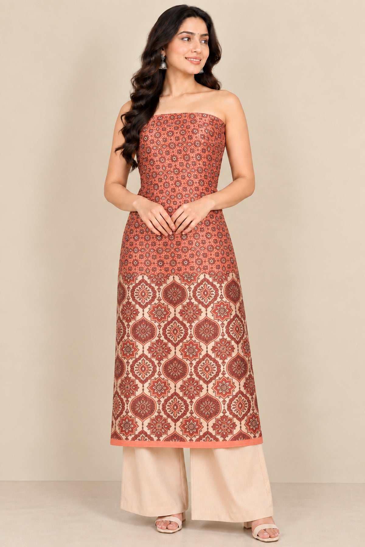 Ajrakh Mashru Silk Natural Dye Screen Print Hand Printed Unstitched Kurta Fabric  3.00 Mtr  Length  -  SKU : AI11801K
