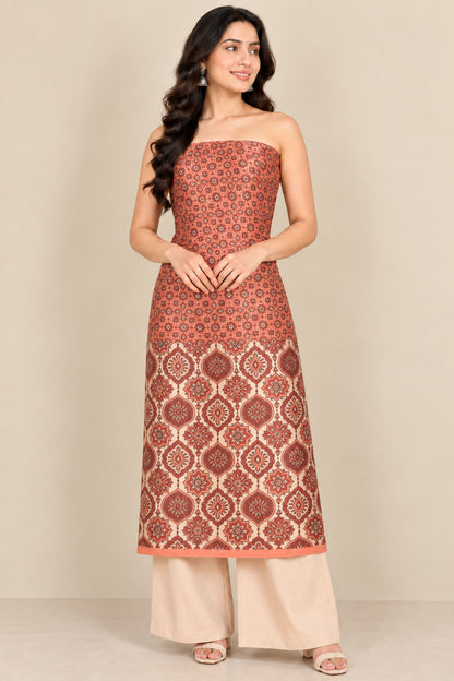 Ajrakh Mashru Silk Natural Dye Screen Print Hand Printed Unstitched Kurta Fabric  3.00 Mtr  Length  -  SKU : AI11801K