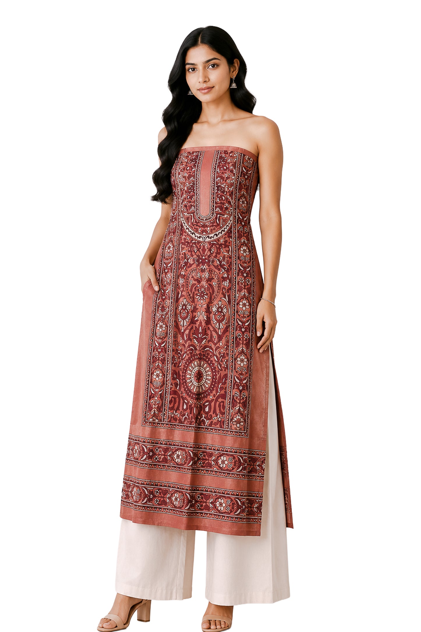 Ajrakh Mashru Silk Natural Dye Screen Print Hand Printed Unstitched Kurta Fabric  2.50 Mtr  Length  -  SKU : AI29401F