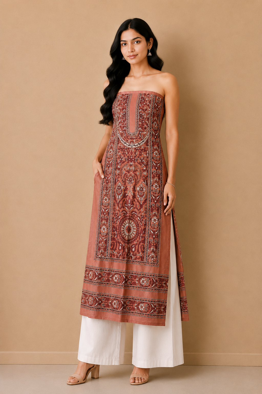 Ajrakh Mashru Silk Natural Dye Screen Print Hand Printed Unstitched Kurta Fabric  3.00 Mtr  Length  -  SKU : AI29402F